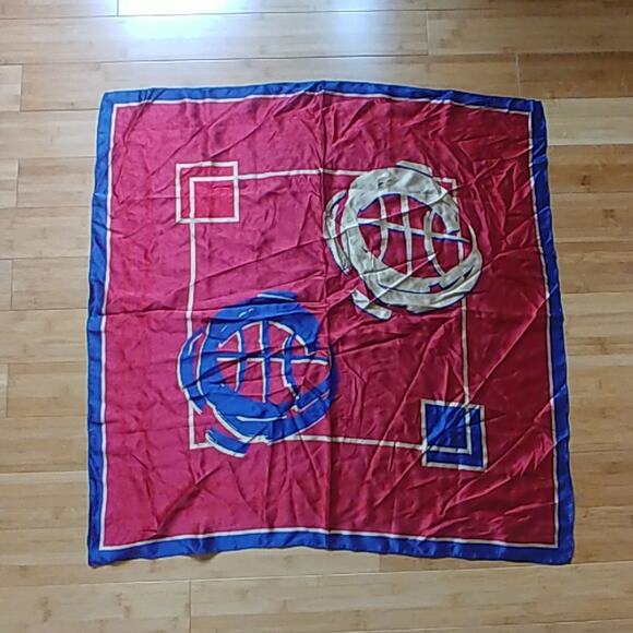 100% silk scarf Large Red, Cream, Blue - Picture 1 of 3